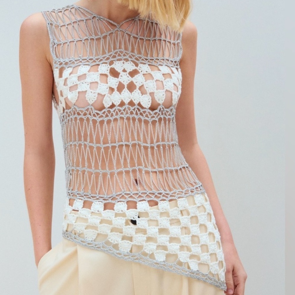 Zara Sleeveless Crochet Open Knit Metallic Chain Top Special Edition Size L